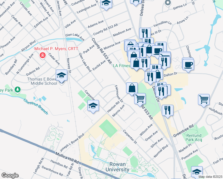 map of restaurants, bars, coffee shops, grocery stores, and more near 4 Sherwood Lane in Glassboro