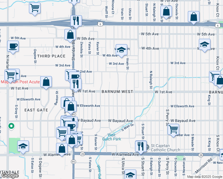 map of restaurants, bars, coffee shops, grocery stores, and more near 4757 West 1st Avenue in Denver