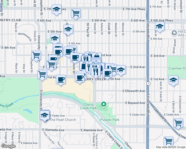 map of restaurants, bars, coffee shops, grocery stores, and more near 131 Steele St in Denver