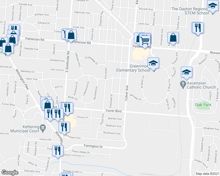 map of restaurants, bars, coffee shops, grocery stores, and more near 2021 Pittsfield Street in Dayton