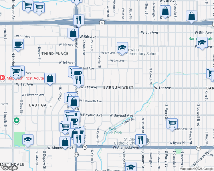 map of restaurants, bars, coffee shops, grocery stores, and more near 4801 West 1st Avenue in Denver