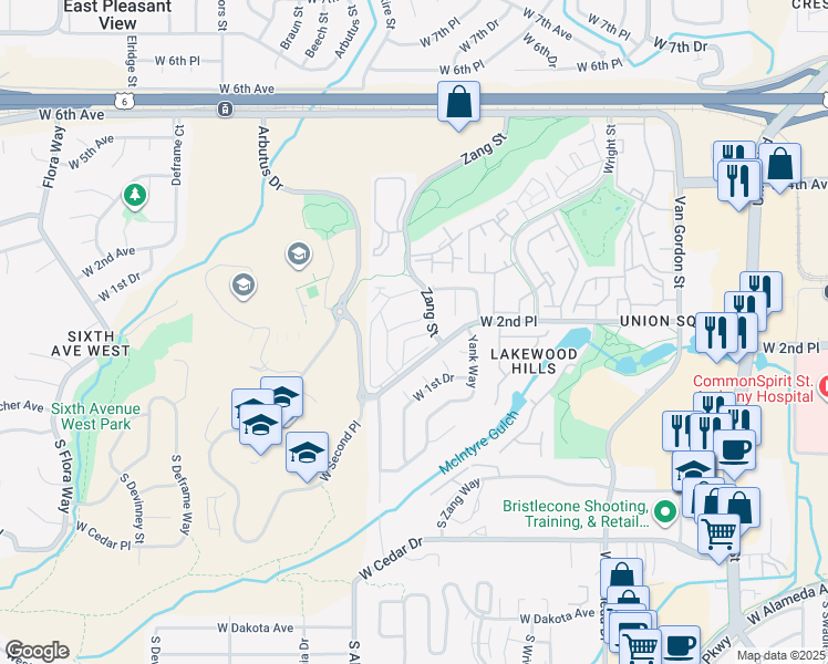map of restaurants, bars, coffee shops, grocery stores, and more near 13025 West 2nd Place in Denver