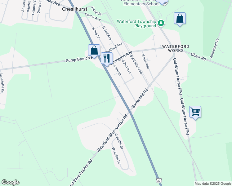 map of restaurants, bars, coffee shops, grocery stores, and more near 203 South White Horse Pike in Camden County