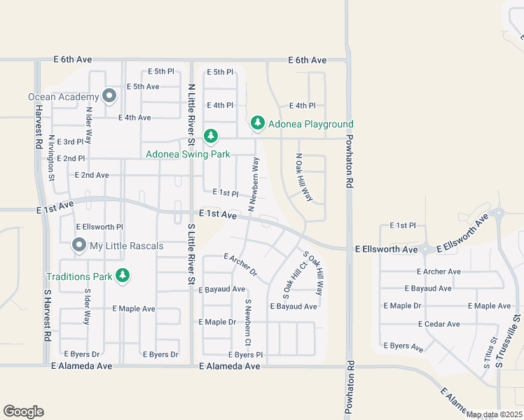 map of restaurants, bars, coffee shops, grocery stores, and more near 26039 East 1st Avenue in Aurora