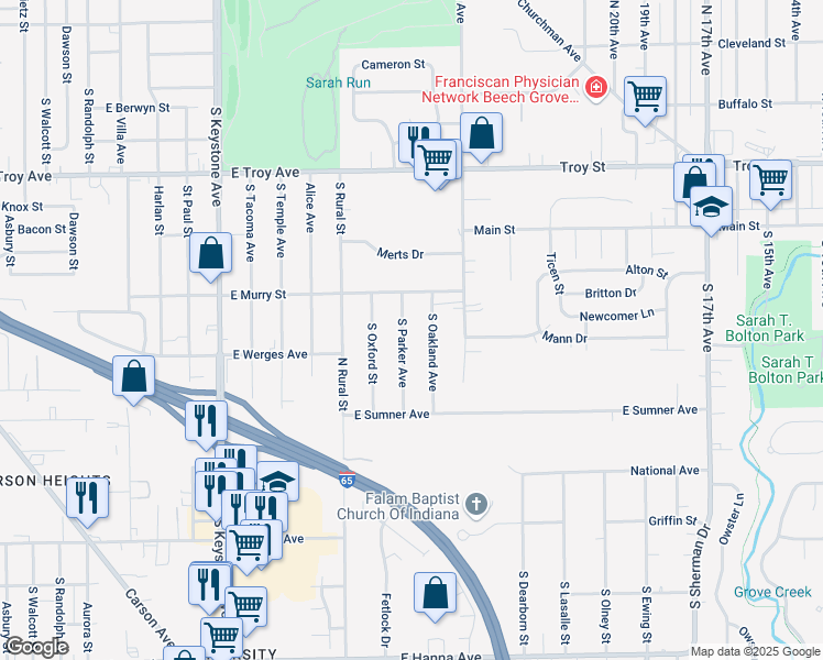 map of restaurants, bars, coffee shops, grocery stores, and more near 3301 South Parker Avenue in Indianapolis