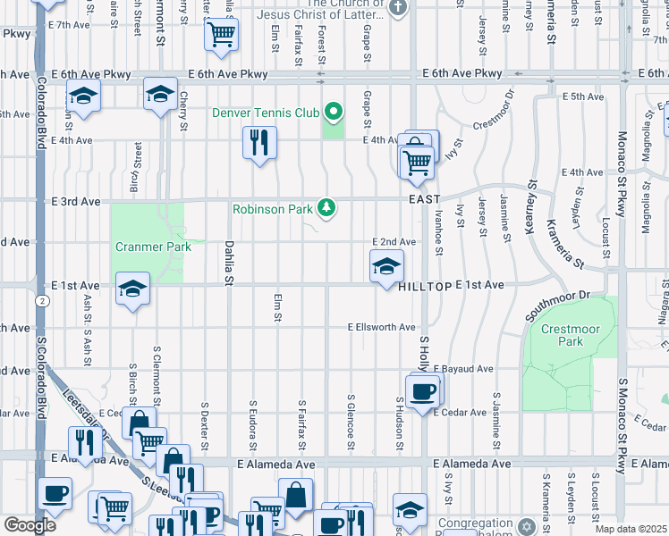 map of restaurants, bars, coffee shops, grocery stores, and more near 130 Forest Street in Denver