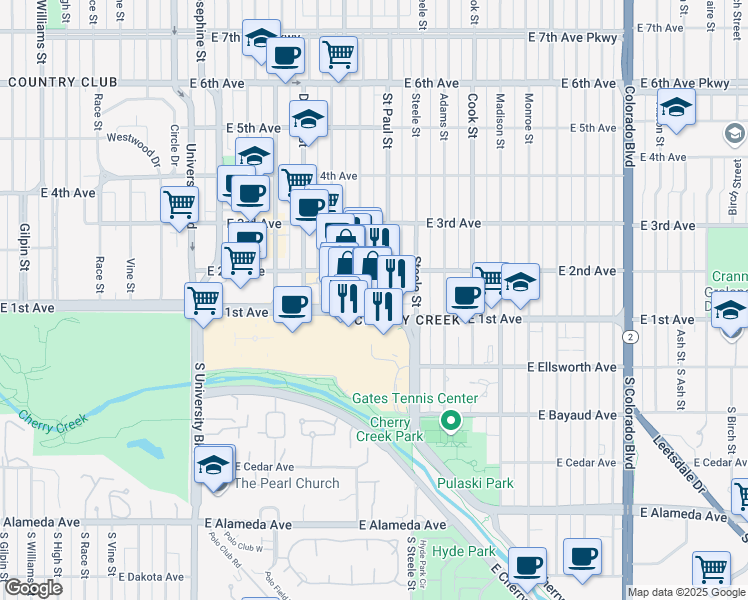 map of restaurants, bars, coffee shops, grocery stores, and more near 3033 East 1st Avenue in Denver