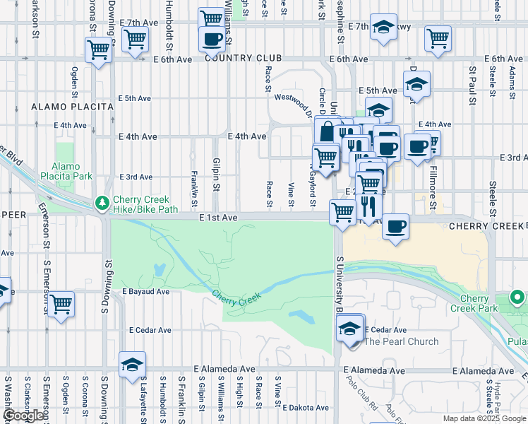 map of restaurants, bars, coffee shops, grocery stores, and more near 101 Race Street in Denver