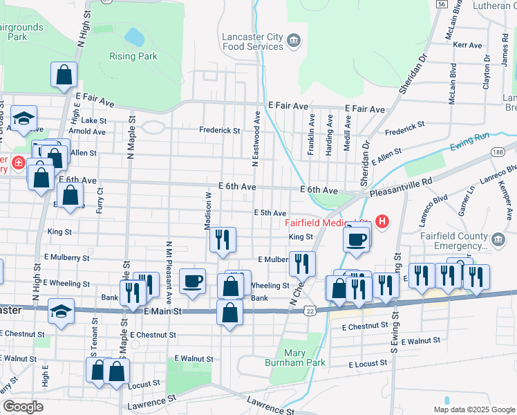 map of restaurants, bars, coffee shops, grocery stores, and more near 504 N Eastwood Ave in Lancaster