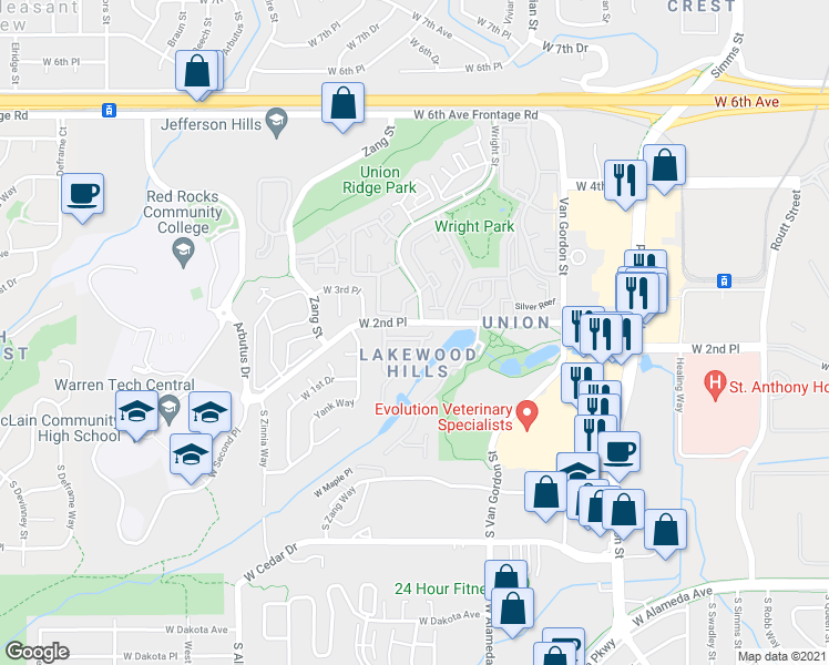 map of restaurants, bars, coffee shops, grocery stores, and more near 12545 West 2nd Drive in Lakewood