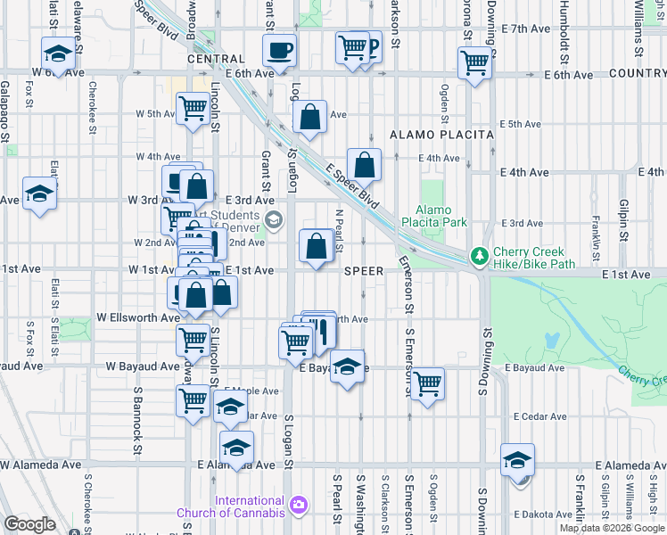 map of restaurants, bars, coffee shops, grocery stores, and more near 103 Pearl Street in Denver