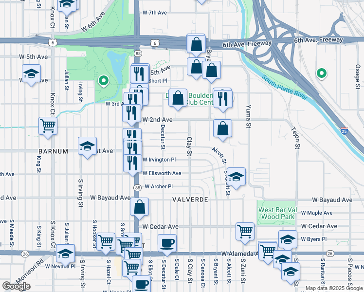 map of restaurants, bars, coffee shops, grocery stores, and more near 2723 West 1st Avenue in Denver