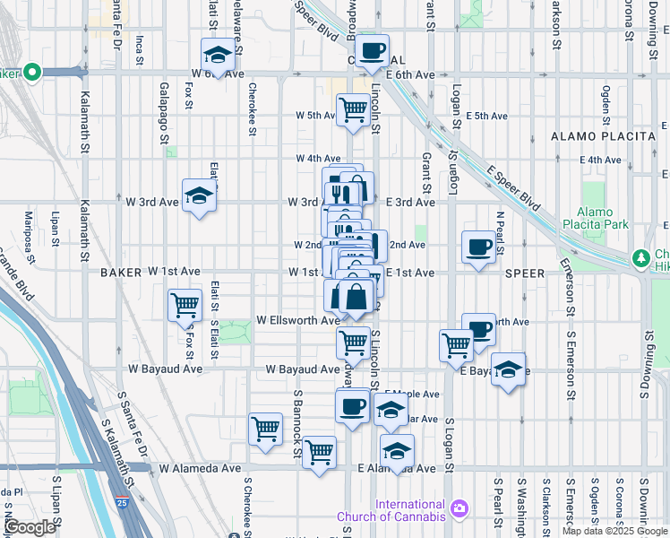 map of restaurants, bars, coffee shops, grocery stores, and more near 49 West 1st Avenue in Denver