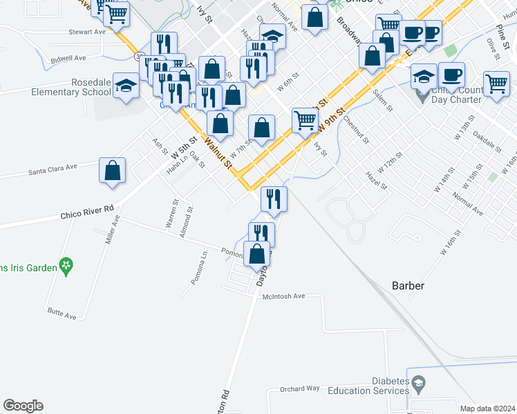 map of restaurants, bars, coffee shops, grocery stores, and more near 940 Walnut Street in Chico