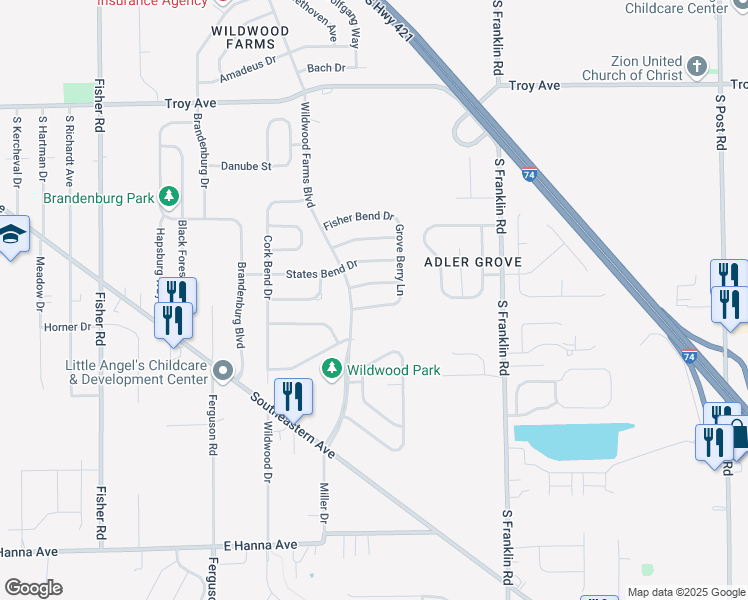 map of restaurants, bars, coffee shops, grocery stores, and more near 8112 Wildwood Farms Drive in Indianapolis