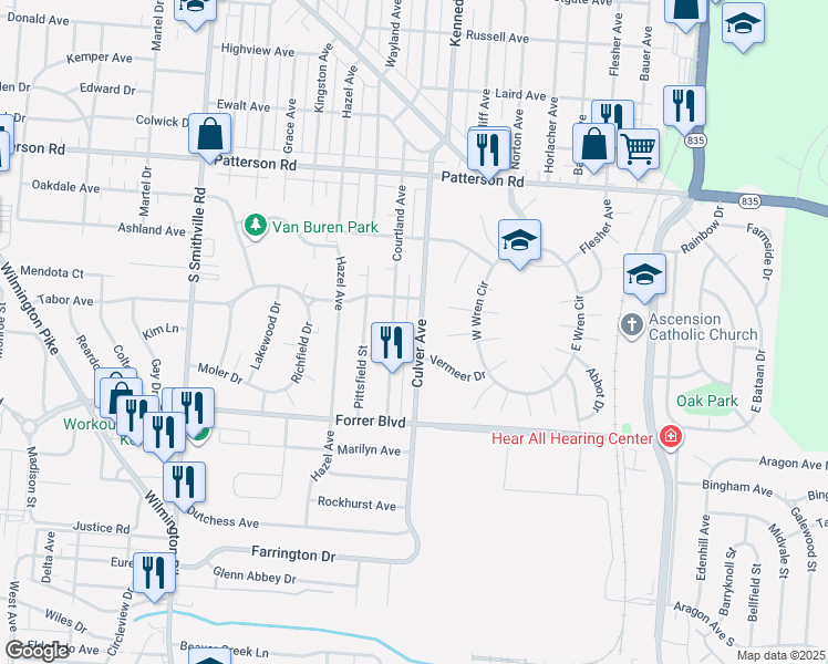 map of restaurants, bars, coffee shops, grocery stores, and more near 2033 Culver Avenue in Dayton