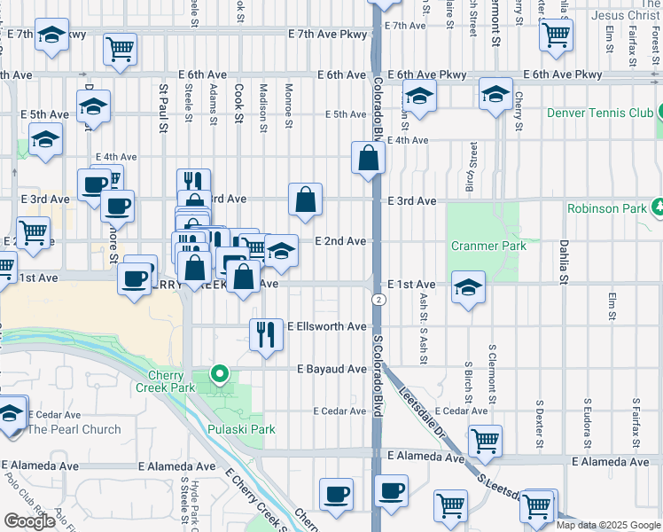 map of restaurants, bars, coffee shops, grocery stores, and more near 137 Jackson Street in Denver