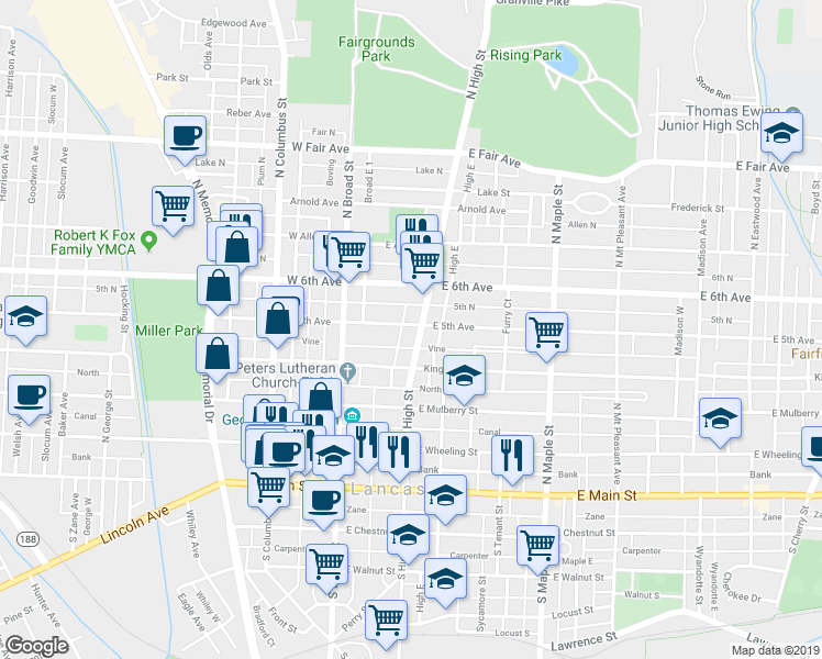 map of restaurants, bars, coffee shops, grocery stores, and more near 435 North High Street in Lancaster