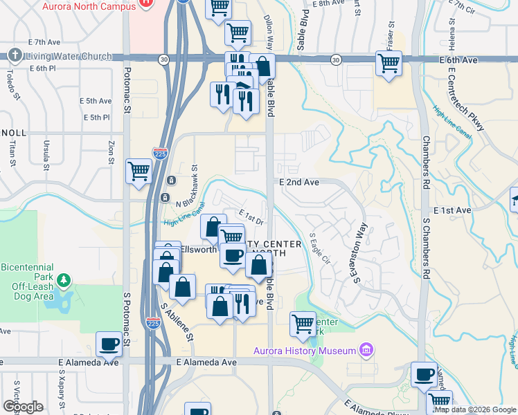 map of restaurants, bars, coffee shops, grocery stores, and more near 14495 East 1st Drive in Aurora