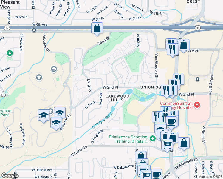map of restaurants, bars, coffee shops, grocery stores, and more near 12545 West 2nd Drive in Lakewood