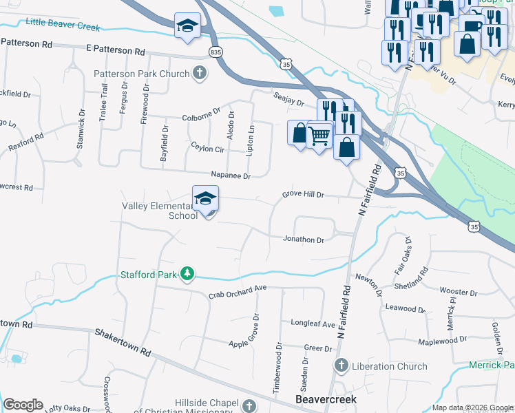 map of restaurants, bars, coffee shops, grocery stores, and more near 3531 Woodgreen Drive in Dayton