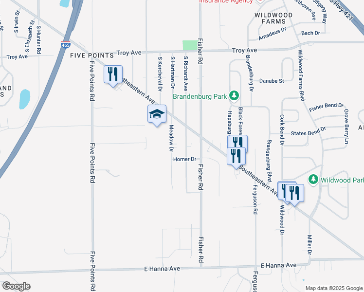 map of restaurants, bars, coffee shops, grocery stores, and more near 3440 South Sadlier Drive in Indianapolis