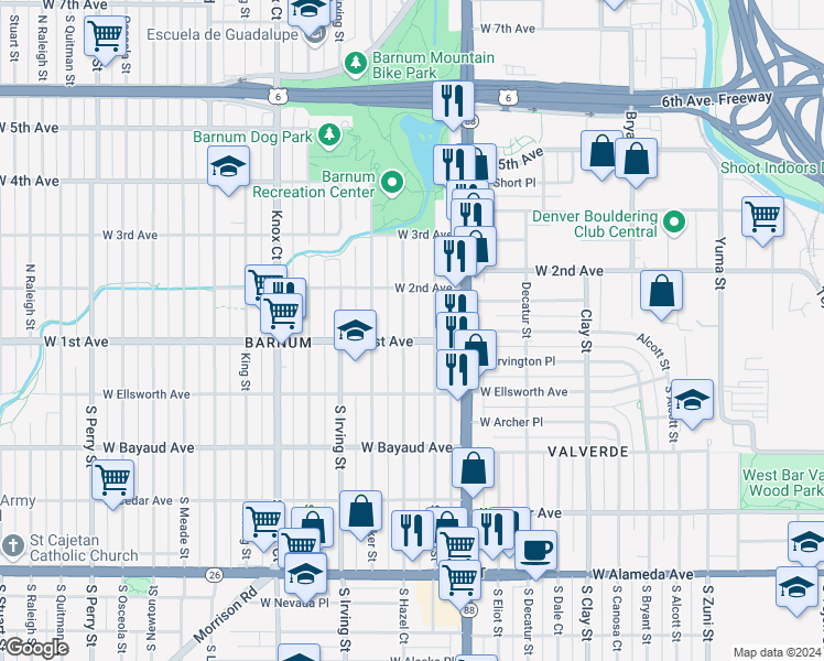 map of restaurants, bars, coffee shops, grocery stores, and more near 118 Hazel Court in Denver