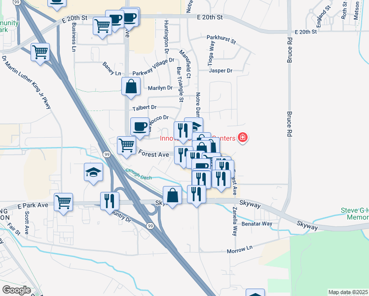 map of restaurants, bars, coffee shops, grocery stores, and more near 2451 Forest Avenue in Chico