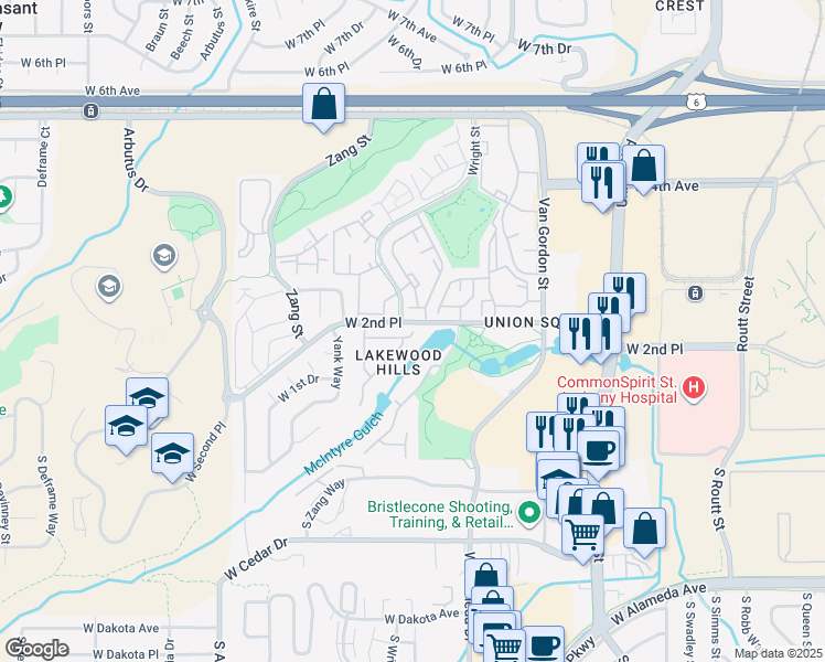 map of restaurants, bars, coffee shops, grocery stores, and more near 11601 West 2nd Drive in Lakewood