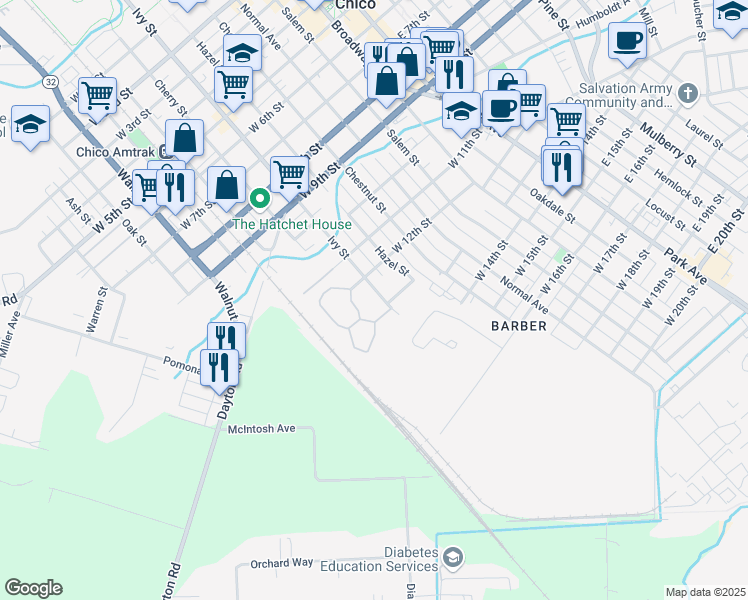 map of restaurants, bars, coffee shops, grocery stores, and more near 1232 Ivy Street in Chico