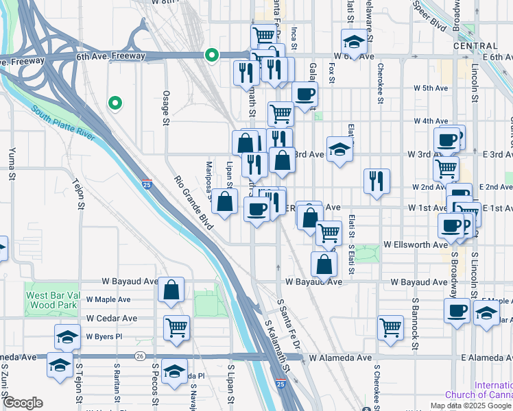 map of restaurants, bars, coffee shops, grocery stores, and more near 100 Kalamath Street in Denver
