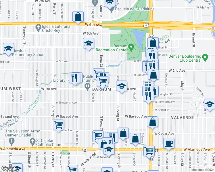 map of restaurants, bars, coffee shops, grocery stores, and more near 111 Julian Street in Denver