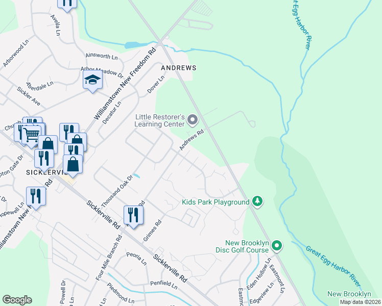 map of restaurants, bars, coffee shops, grocery stores, and more near 17 Lehigh Court in Sicklerville