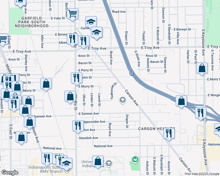 map of restaurants, bars, coffee shops, grocery stores, and more near 3340 Teakwood Drive in Indianapolis