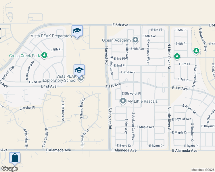 map of restaurants, bars, coffee shops, grocery stores, and more near East 1st Avenue in Aurora
