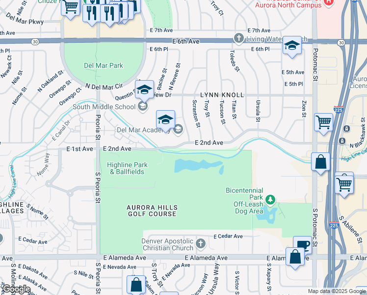 map of restaurants, bars, coffee shops, grocery stores, and more near 12568 East 2nd Avenue in Aurora