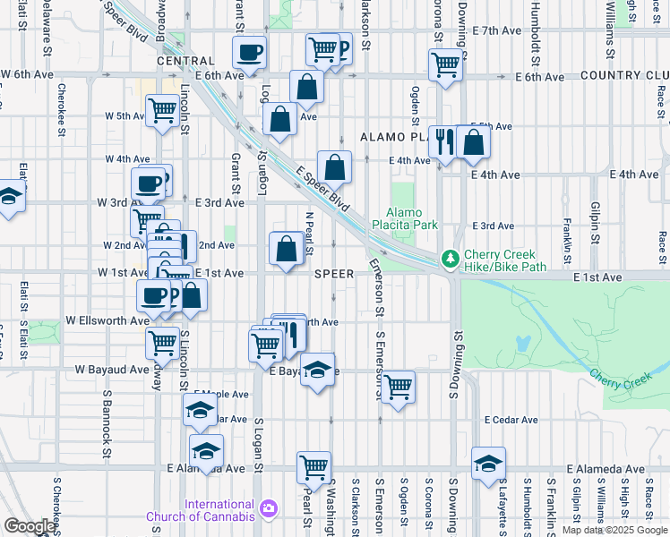 map of restaurants, bars, coffee shops, grocery stores, and more near 703 East 1st Avenue in Denver