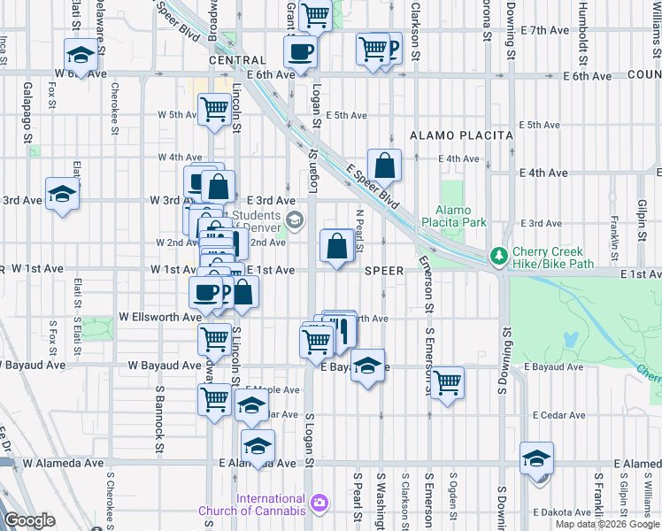 map of restaurants, bars, coffee shops, grocery stores, and more near 421 East 1st Avenue in Denver