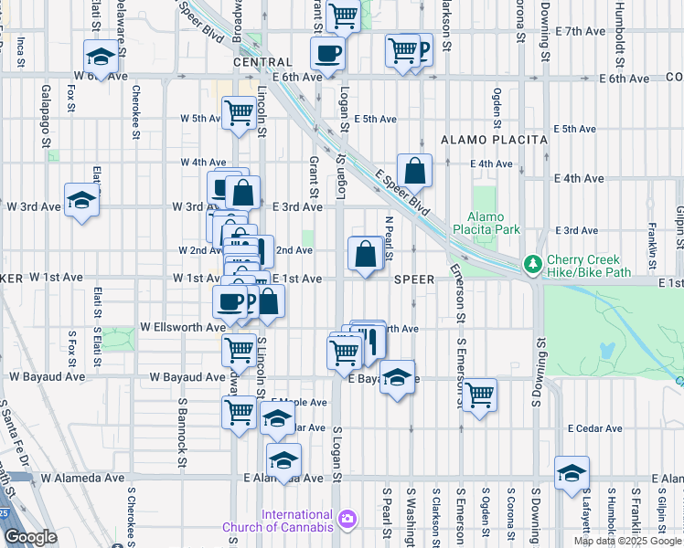 map of restaurants, bars, coffee shops, grocery stores, and more near 421 East 1st Avenue in Denver