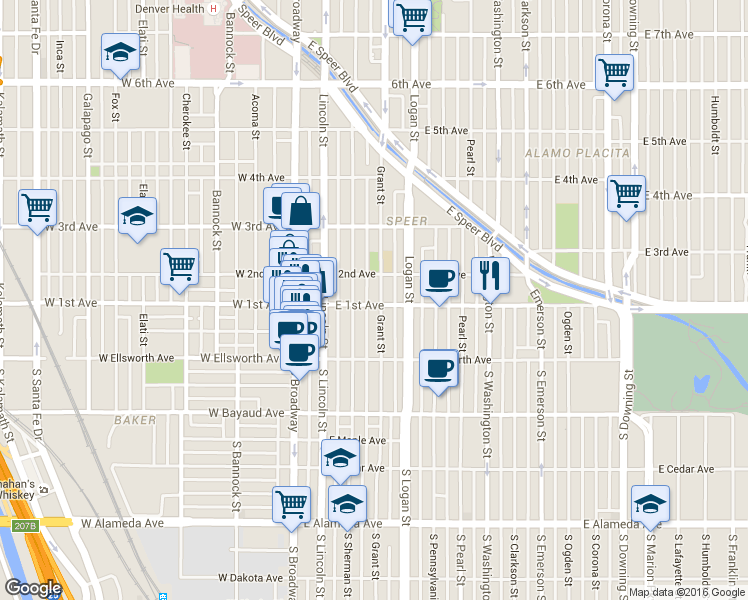 map of restaurants, bars, coffee shops, grocery stores, and more near 104 Grant Street in Denver