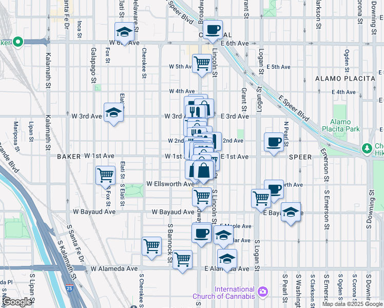 map of restaurants, bars, coffee shops, grocery stores, and more near 49 West 1st Avenue in Denver