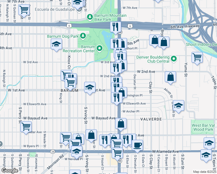 map of restaurants, bars, coffee shops, grocery stores, and more near 118 Hazel Court in Denver