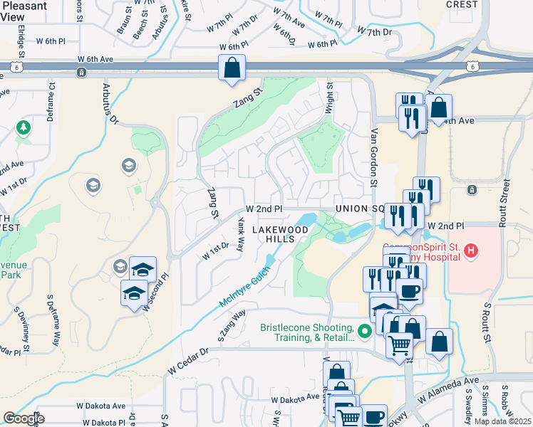 map of restaurants, bars, coffee shops, grocery stores, and more near 12545 West 2nd Drive in Lakewood