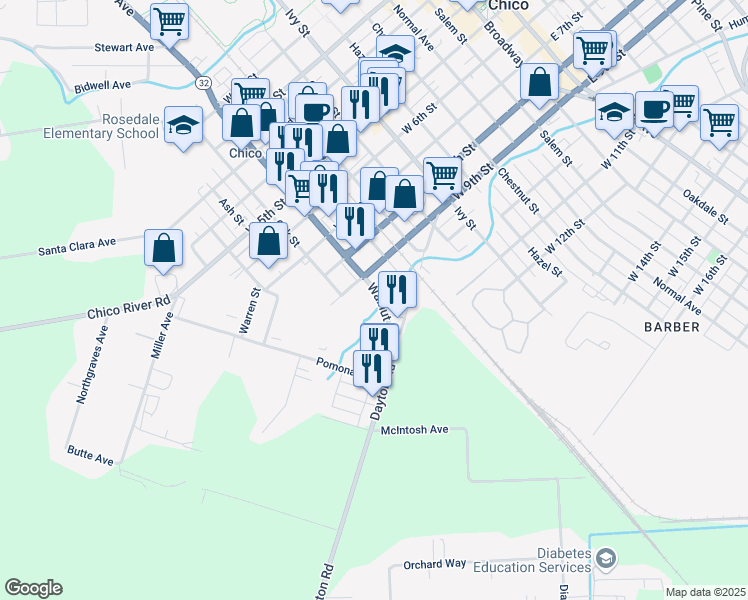 map of restaurants, bars, coffee shops, grocery stores, and more near 940 Walnut Street in Chico