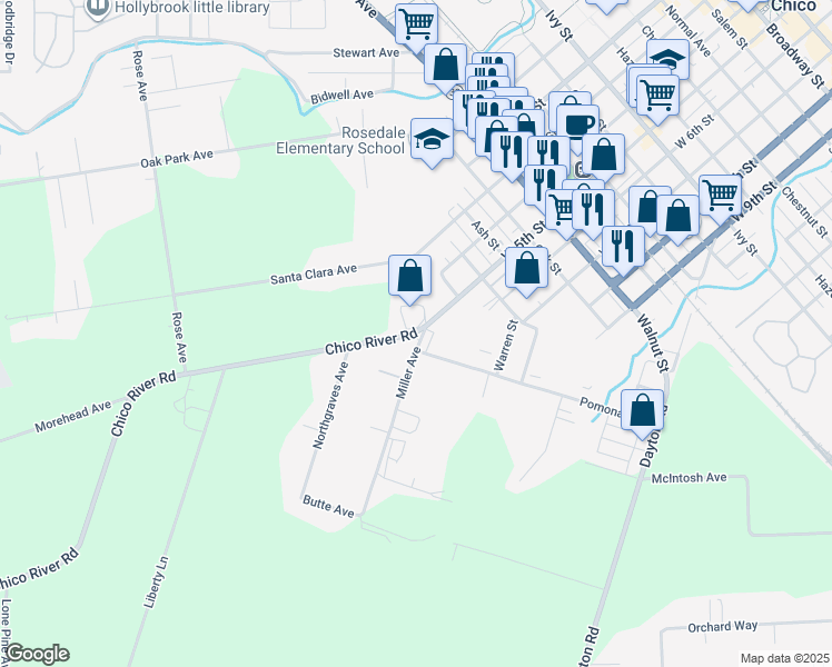 map of restaurants, bars, coffee shops, grocery stores, and more near 501 Miller Avenue in Chico
