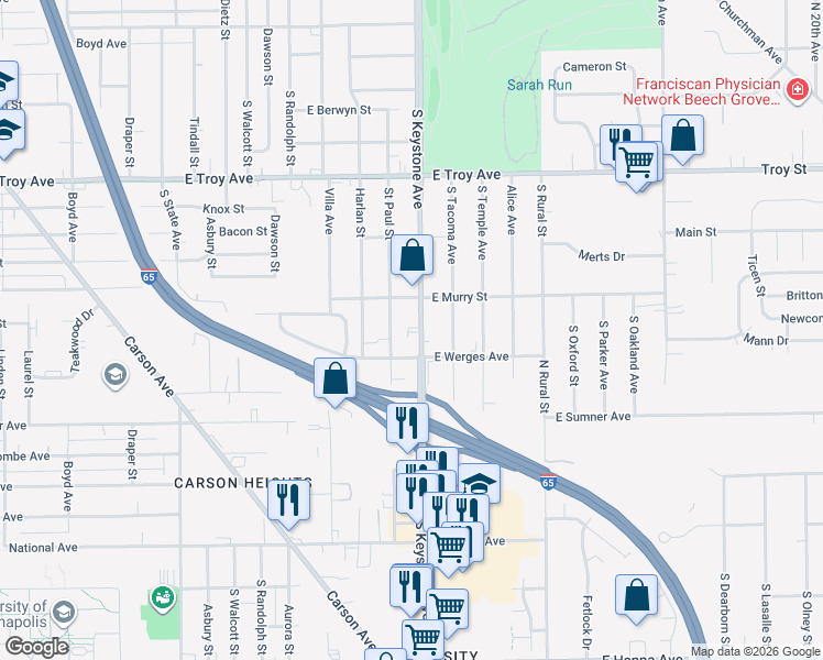 map of restaurants, bars, coffee shops, grocery stores, and more near 3226 South Keystone Avenue in Indianapolis