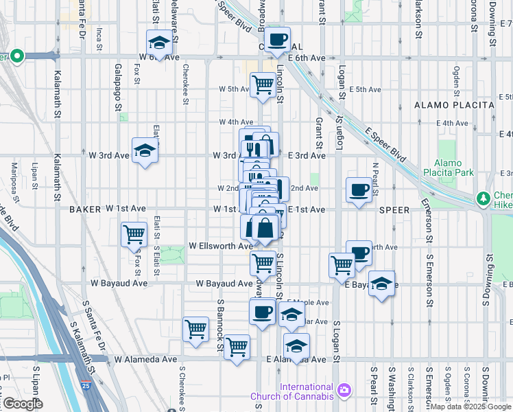 map of restaurants, bars, coffee shops, grocery stores, and more near in Denver