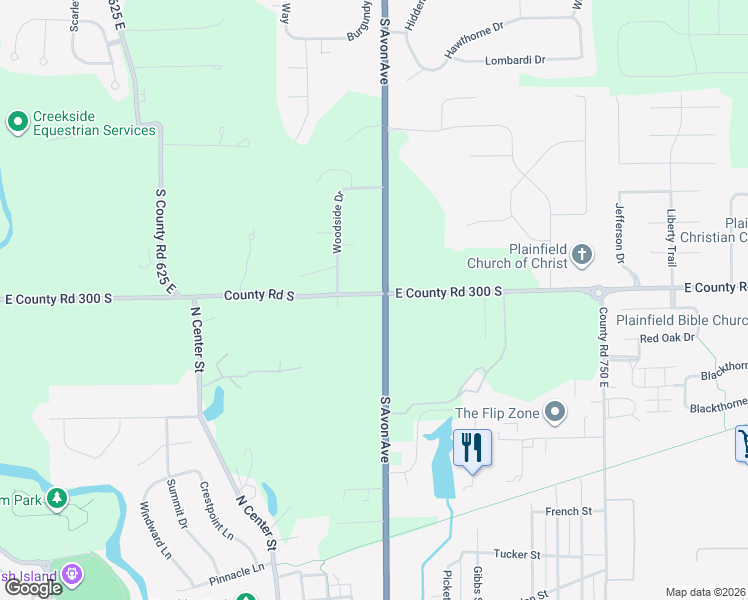 map of restaurants, bars, coffee shops, grocery stores, and more near 6981 East County Road 300 South in Plainfield