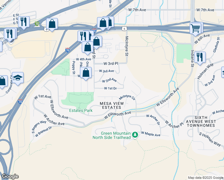 map of restaurants, bars, coffee shops, grocery stores, and more near 15782 West 1st Drive in Golden
