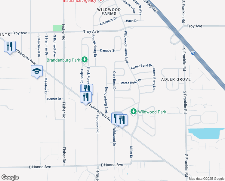 map of restaurants, bars, coffee shops, grocery stores, and more near 3430 Cork Bend Drive in Indianapolis